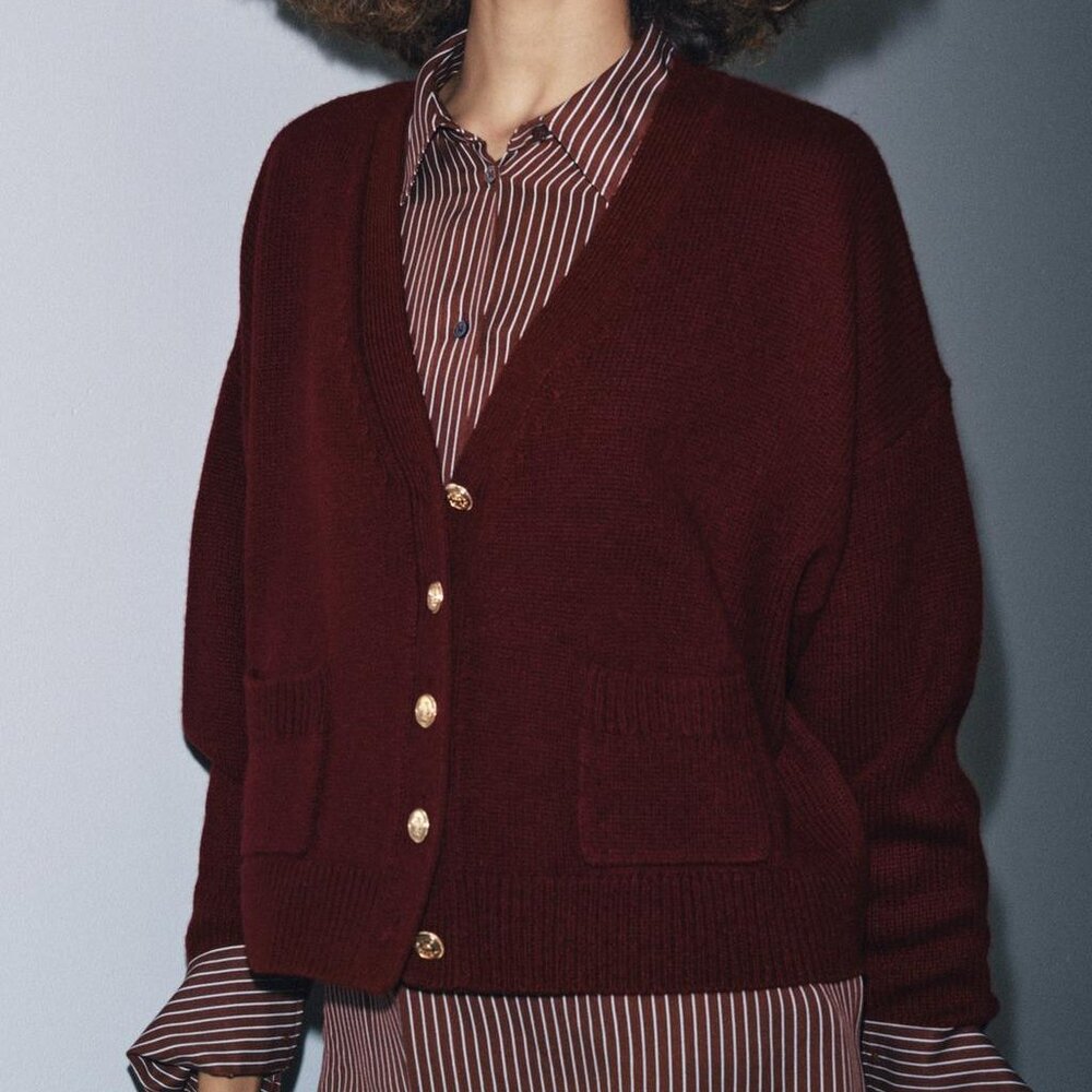 Zara 100% RWS Wool Jacket Cardigan – Maroon, Gold Buttons, Size Small NWT